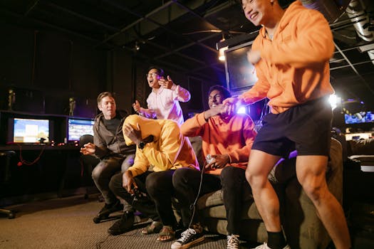 Gamers enjoying a modern arcade bar filled with classic games